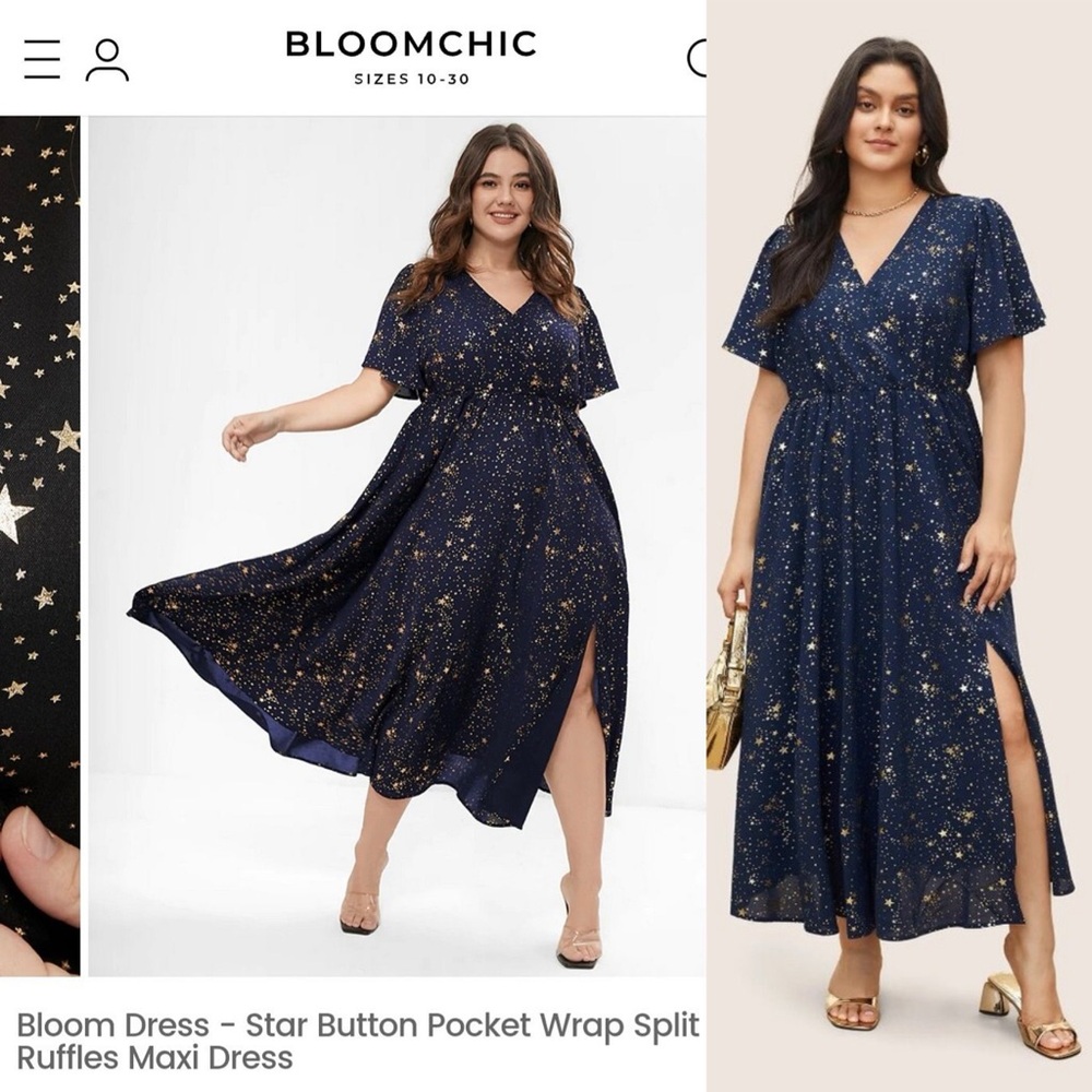 Bloomchic Starry Sequins Ruffled Hem Navy Blue and Gold Midi Dress Size 12 ✨